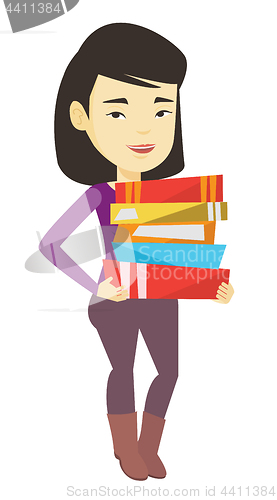 Image of Woman holding pile of books vector illustration.