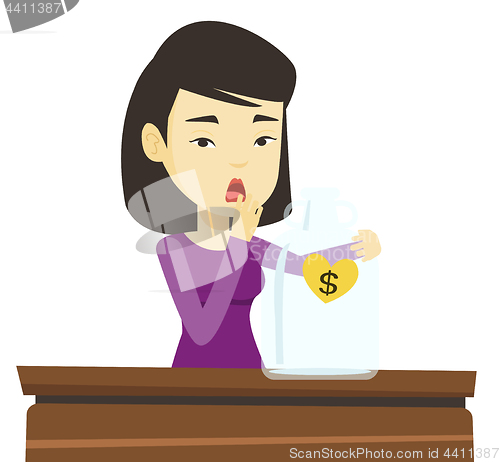 Image of Bankrupt woman looking at empty money box