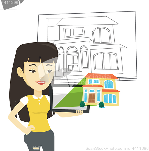 Image of Businesswoman presenting report on tablet computer