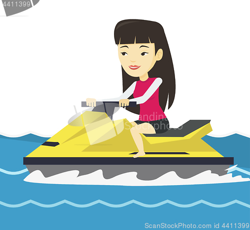 Image of Asian woman training on jet ski in the sea.