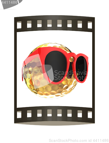 Image of Golf Ball With Sunglasses. 3d illustration. The film strip.