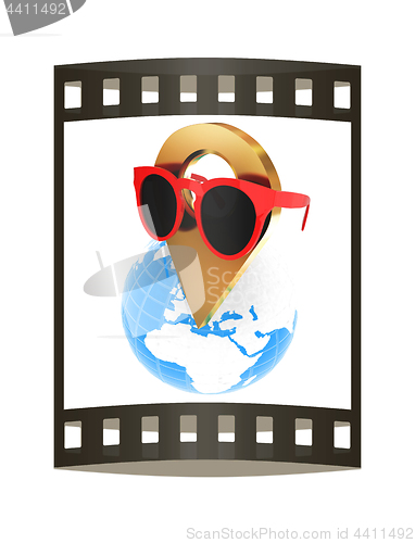 Image of Glamour map pointer in sunglasses on Earth. 3d illustration. The