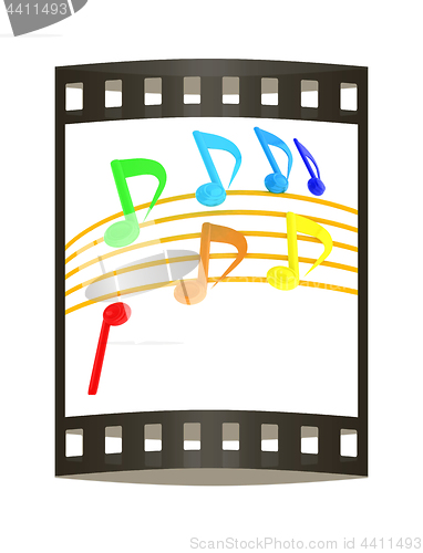 Image of music notes  background. 3D illustration. The film strip.