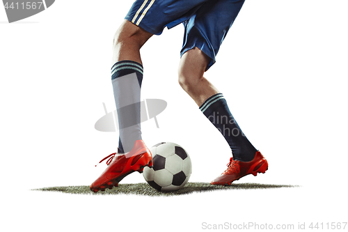 Image of one caucasian soccer player man isolated on white background