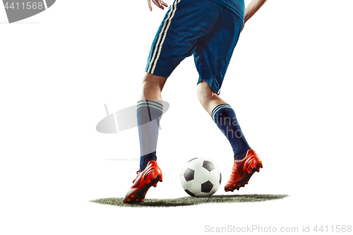 Image of one caucasian soccer player man isolated on white background