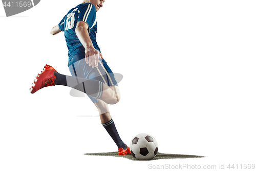 Image of one caucasian soccer player man isolated on white background