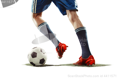 Image of one caucasian soccer player man isolated on white background