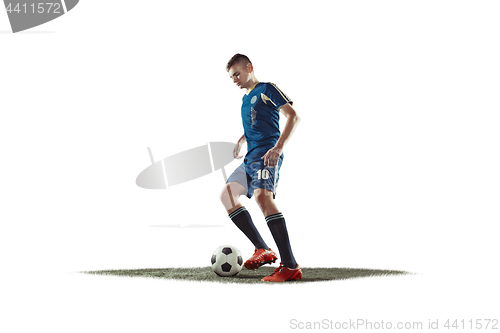 Image of one caucasian soccer player man isolated on white background