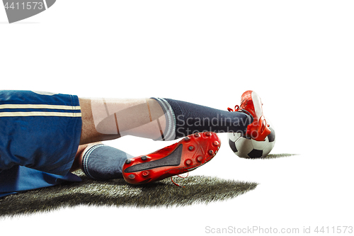 Image of one caucasian soccer player man isolated on white background