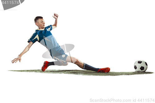 Image of one caucasian soccer player man isolated on white background