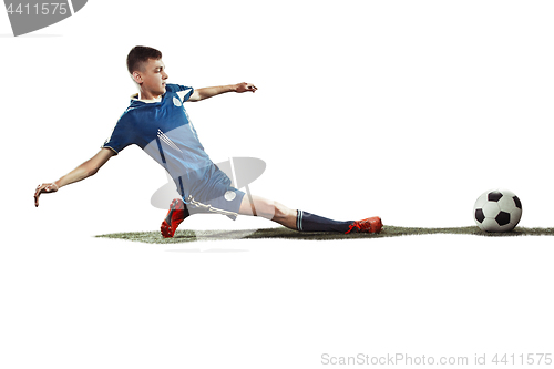 Image of one caucasian soccer player man isolated on white background