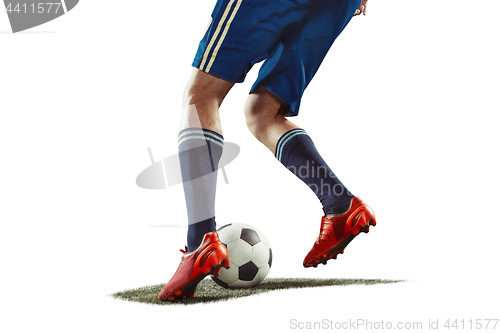 Image of one caucasian soccer player man isolated on white background