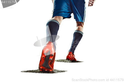 Image of one caucasian soccer player man isolated on white background