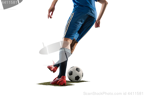 Image of one caucasian soccer player man isolated on white background