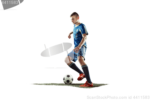 Image of one caucasian soccer player man isolated on white background