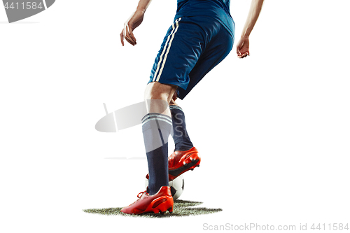 Image of one caucasian soccer player man isolated on white background