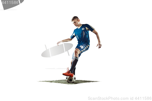 Image of one caucasian soccer player man isolated on white background