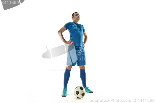 Image of Professional football soccer player with ball isolated white background