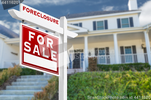 Image of Left Facing Foreclosure For Sale Real Estate Sign in Front of Ho