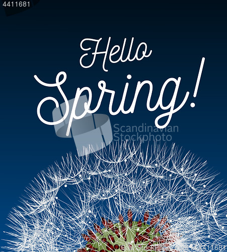 Image of Text message hello spring, against a background of a spring landscape with a dandelion close-up