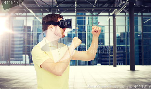 Image of man in virtual reality headset or 3d glasses