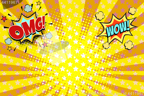 Image of omg wow yellow orange rays pop art background