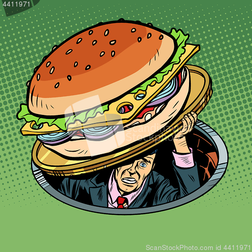 Image of man under fast food burger