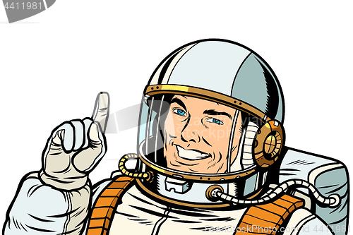 Image of male astronaut pointing up, isolate on white background