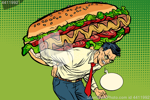 Image of man carries a huge hot dog sausage with salad