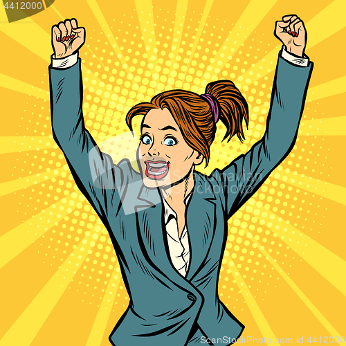 Image of joyful woman winning hand gesture up