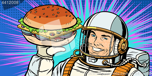 Image of Smiling male astronaut presents Burger