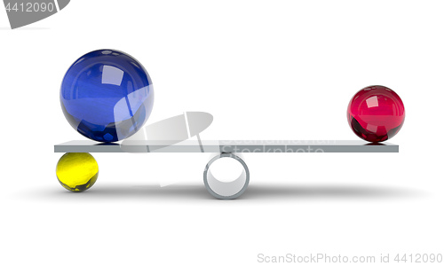 Image of blue red and yellow ball on a scale