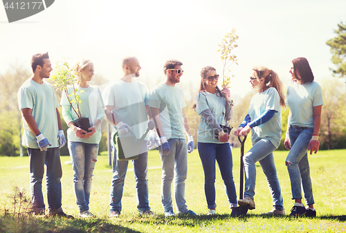 Image of group of volunteers with trees and rake in park