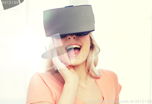 Image of woman in virtual reality headset or 3d glasses