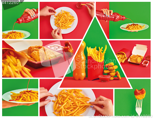 Image of chicken nuggets and french fries on red background