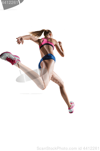 Image of The studio shot of high jump female athlete is in action