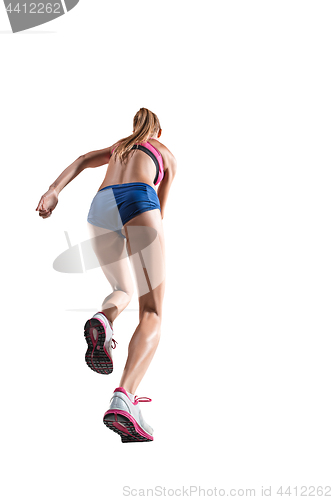 Image of The studio shot of high jump female athlete is in action