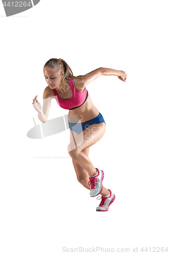 Image of The studio shot of high jump female athlete is in action