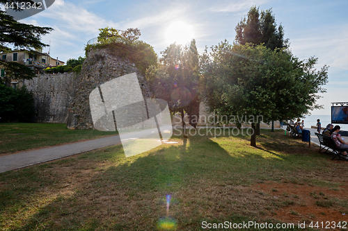 Image of Porec, Croatia - July 6, 2016: View of beautiful Porec Old Town from sea