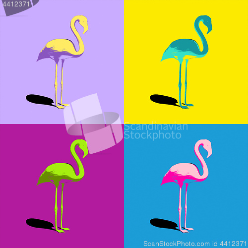 Image of four different colored flamingos