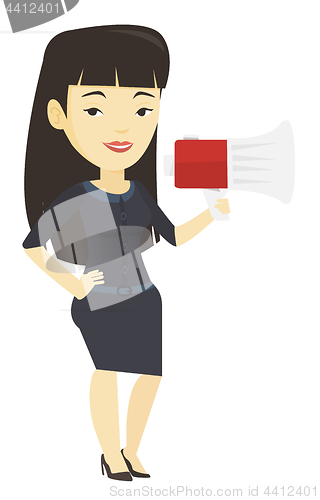 Image of Business woman speaking into megaphone.