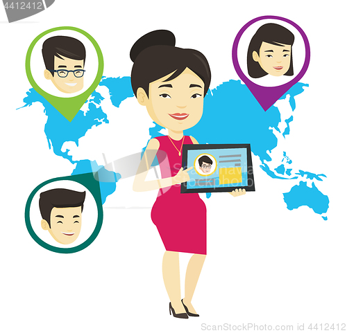 Image of Woman holding tablet with social network.