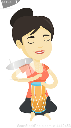 Image of Woman playing ethnic drum vector illustration.
