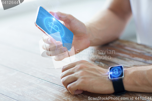 Image of close up of bitcoin on smartphone and smart watch