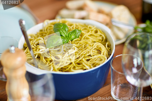 Image of pasta with basil in bowl and other food on table