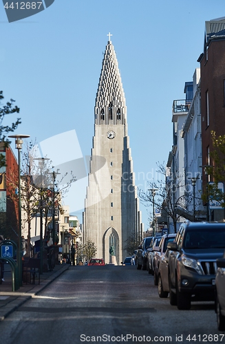 Image of Reykjavik cathedral exterior viewed from a street