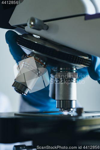 Image of Microscope close-up shot in the laboratory