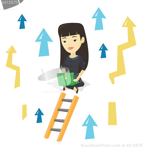 Image of Business woman sitting on cloud with laptop.