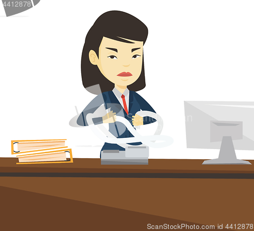 Image of Angry business woman tearing bills or invoices.