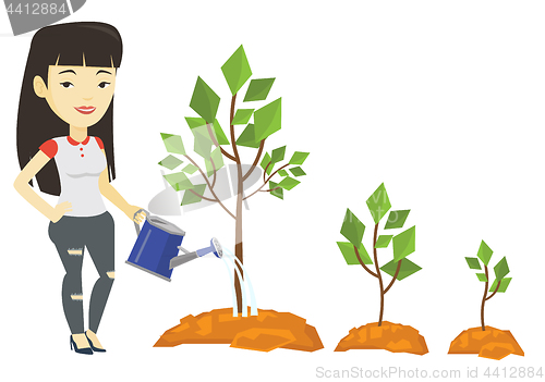 Image of Business woman watering trees vector illustration.